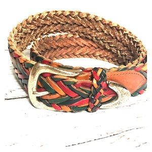 Vintage woven leather belt: tan, green, brown.